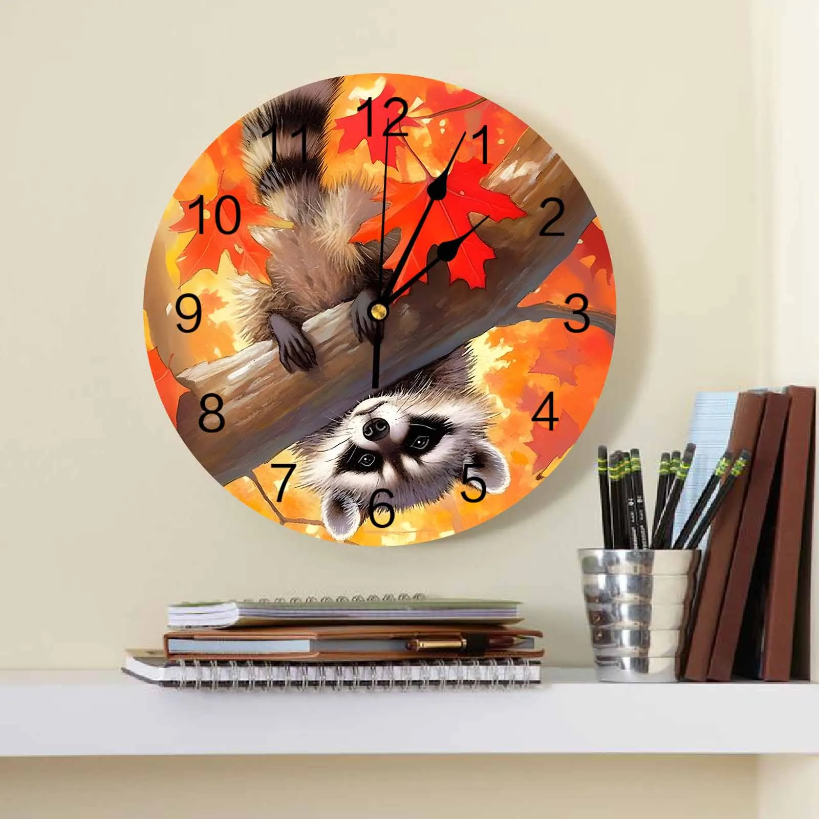 Autumn Maple Tree Maple Leaf Raccoon Printed Wall Clock Modern Silent Clock Living Room Home Decor Wall Hanging Watch