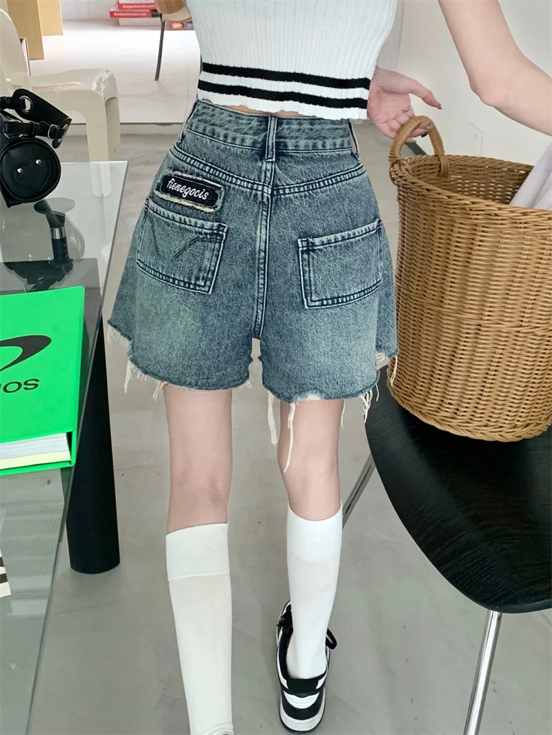 

Retro Frayed Hem Spicy Girl Summer Thin High Waist Wide Leg Straight Cut Slimming Jeans plus Size Fat MM Women's orts