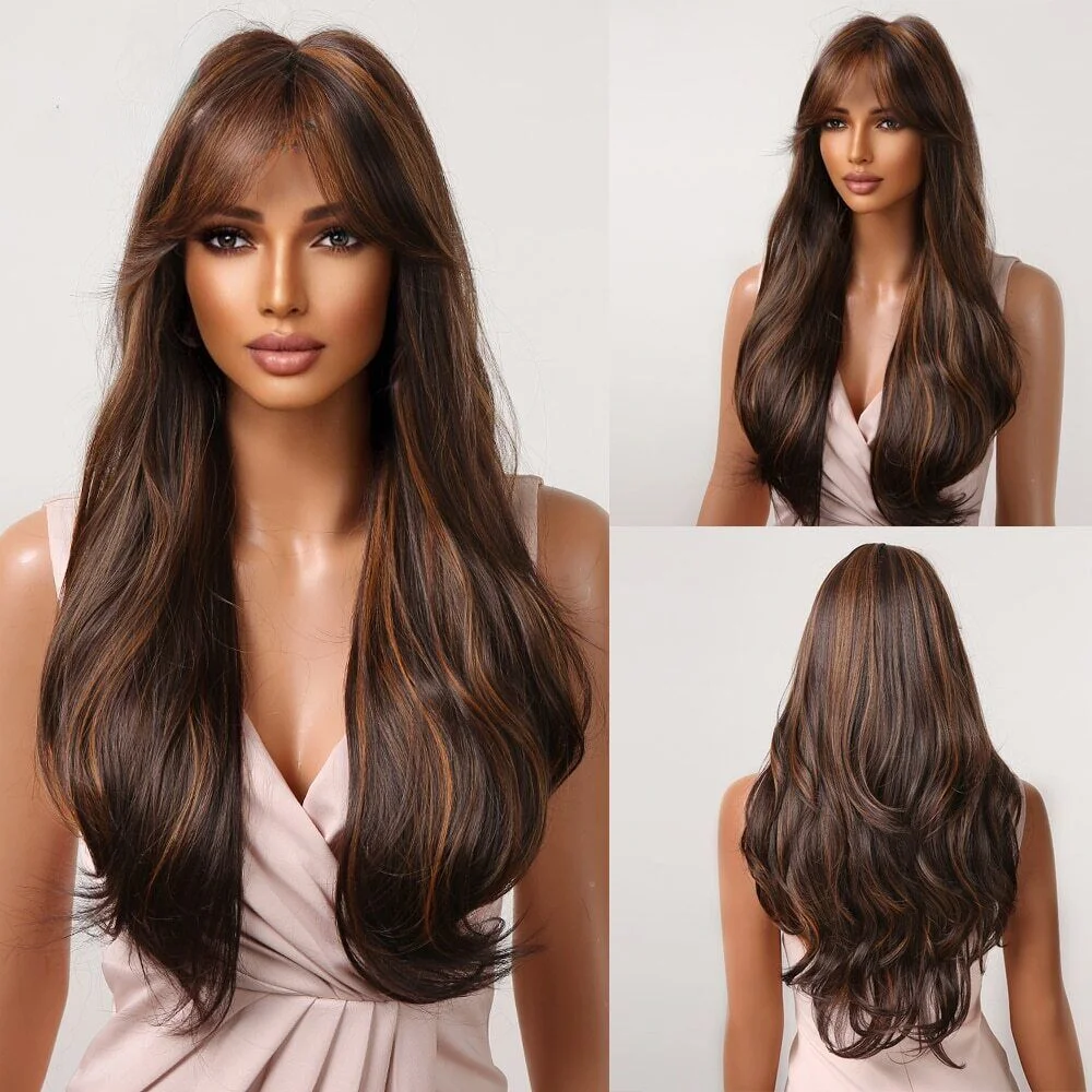 

Long Water Wave Synthetic Wigs with Side Bangs Mixed Black Brown Highlights