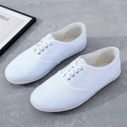 White Women's Flat Shoes Soft-bottomed Sneakers Canvas Soft Shoes Non -slip Martial Arts Shoe Lace -up Leisure Feminine Shoes