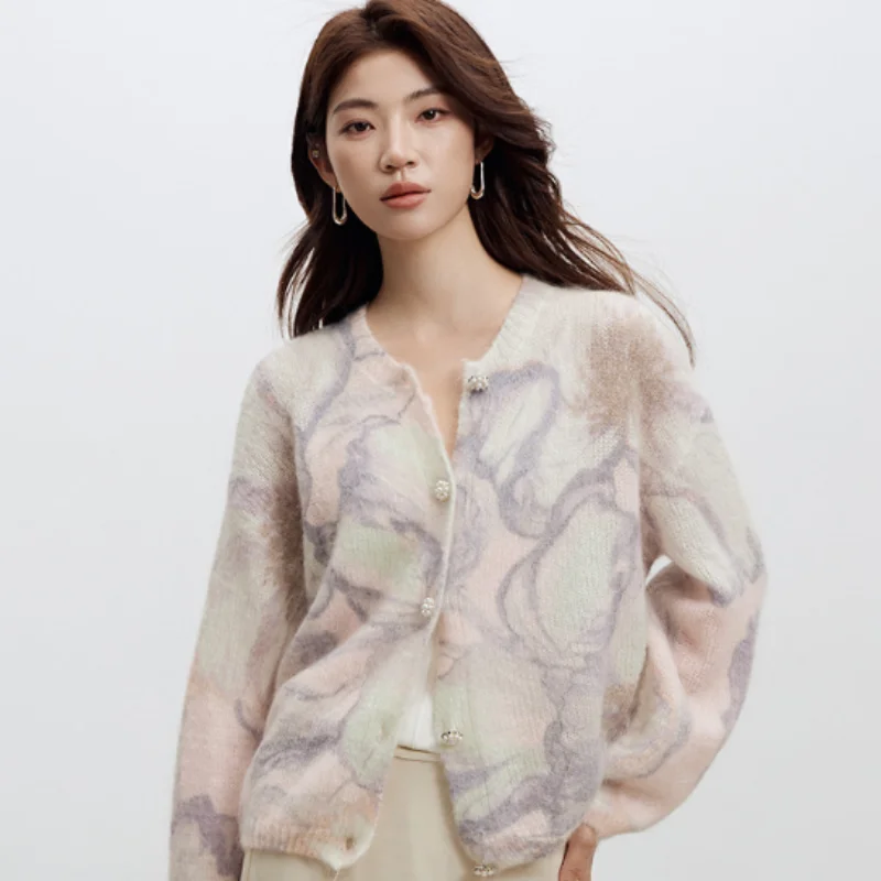 Birdtree 26,6 % Wolle 30,5 % Mohair-Cardigan, einreihiger Strickmantel aus Wollmischung mit Damenmuster, Farbstoff, volle Ärmel, Nagelperlen, Strickmantel T58904JF