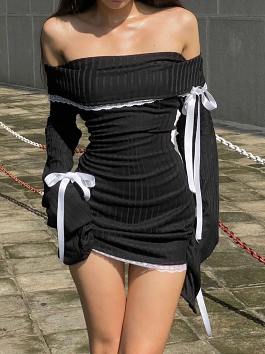 Frauen schulter freies Kleid lässig niedlichen Bogen geraffte Langarm Bodycon Party kleid für Strand Cocktail Club Streetwear