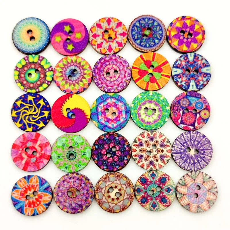 100Pcs Multicolor Retro Pattern Wooden Buttons For Handwork Sewing Scrapbook DIY Crafts Clothing Accessories Gift Card Decor