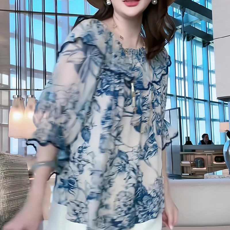 Chiffon Dames Shirt Zomer Prints Vintage Blouses Losse Korte Mouw Vrouwen Tops O-hals Mode Kleding 2024 Koreaans