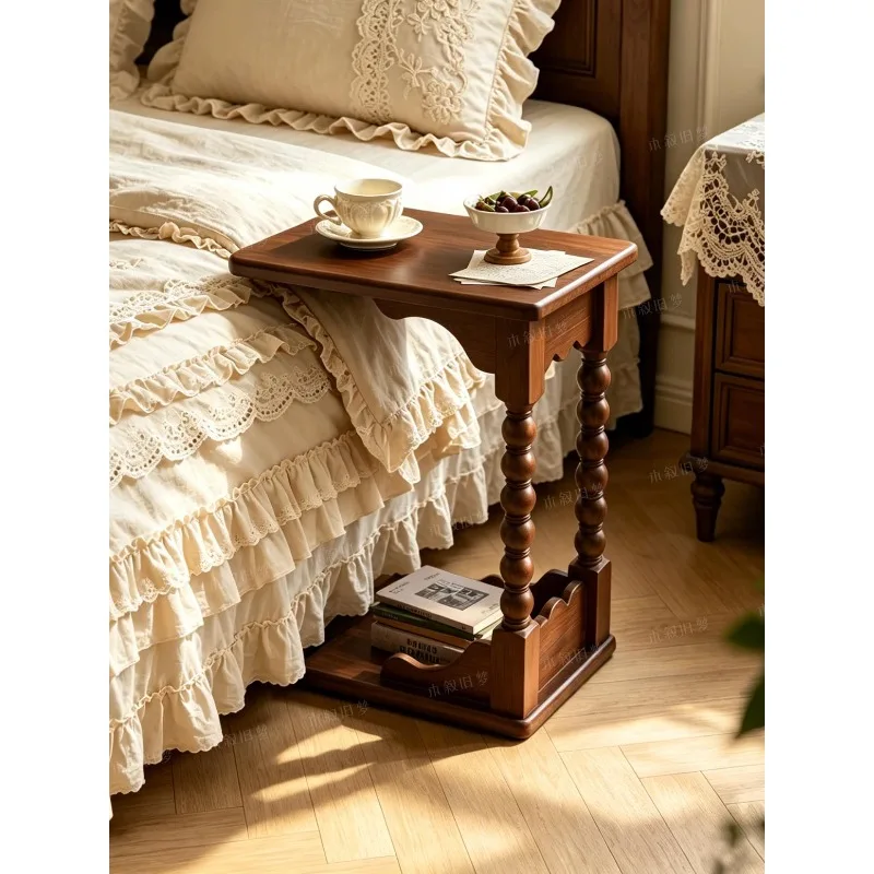 Vintage-style solid wood sofa side table, creative coffee table, homestay hotel living room multi-level side table, bedroom deco