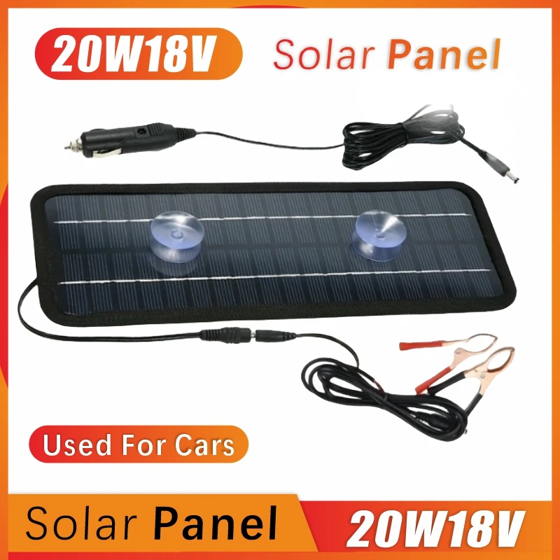 20W Solar Panel 18V Output Charger  Used For Cars/Camping/Outdoor With Cigarette Lighter Plug /Battery Charging Crocodile Clip