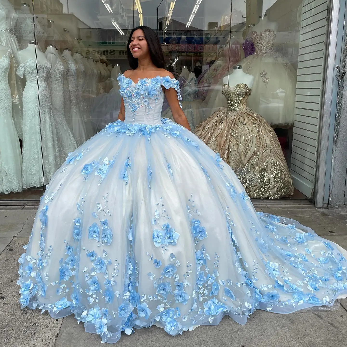 Sky Baby-vestidos de Quinceañera de princesa azul, con mangas, 3D, rosa, Floral, con cuentas, tren largo, corsé con cordones, vestido de graduación para depurador