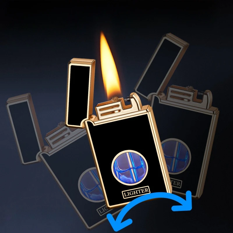 Metal Gravity Induction Shake Ignite Open Flame Kerosene Lighter Transparent Blue Light Oil Bin USB Charging Electric Lighters