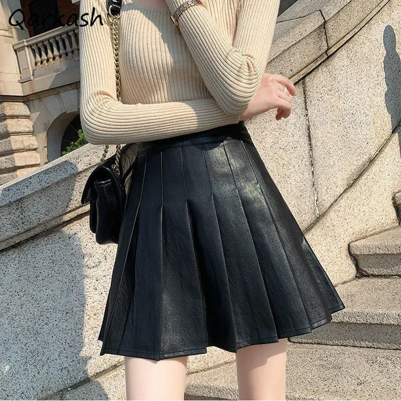 Pleated Skirts Women Mini Summer Sweet Ulzzang Students Lovely All-match Girls Fashion PU Elegant Street Leisure Pure Color New