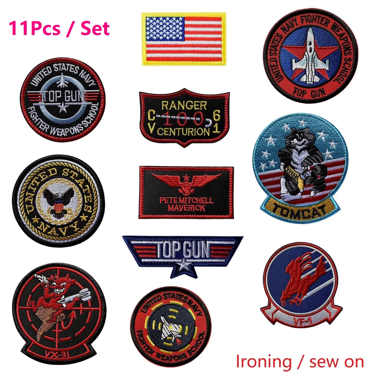 

11Pcs/Set Top Gun Tomcat Chapter American VF-1 Pilot Armband ironing Embroidery Patch for Sew Clothes Badge Hat Sticker