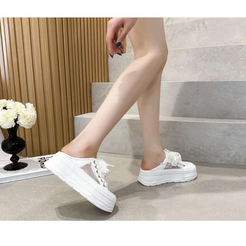 Women's Lace Mesh Pearl Bow Slide Sneakers 2026 Summer Round Toe Thick Sole Breathable Casual Mule Platform Shoes For Ladies