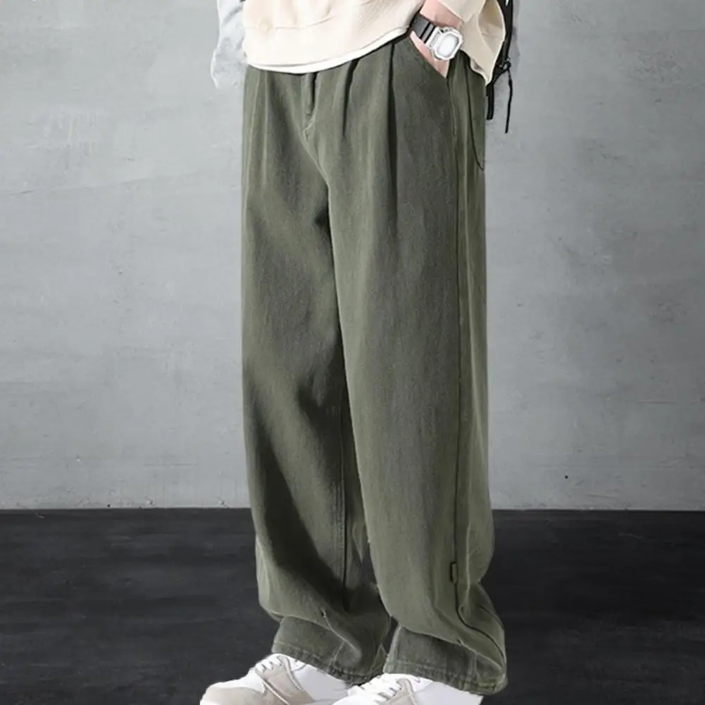 Solid Color Pants Versatile Men's Wide-leg Work Pants Retro Style Breathable All-match Trousers for Casual Professional for Men