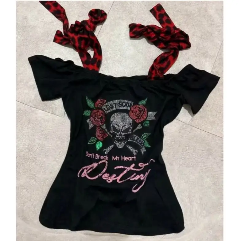 

Onalippa в американском винтажном стиле с принтом горячего бриллиантового черепа Spicy Girl Ins на одно плечо с леопардовым ремнем на талии и короткими рукавами