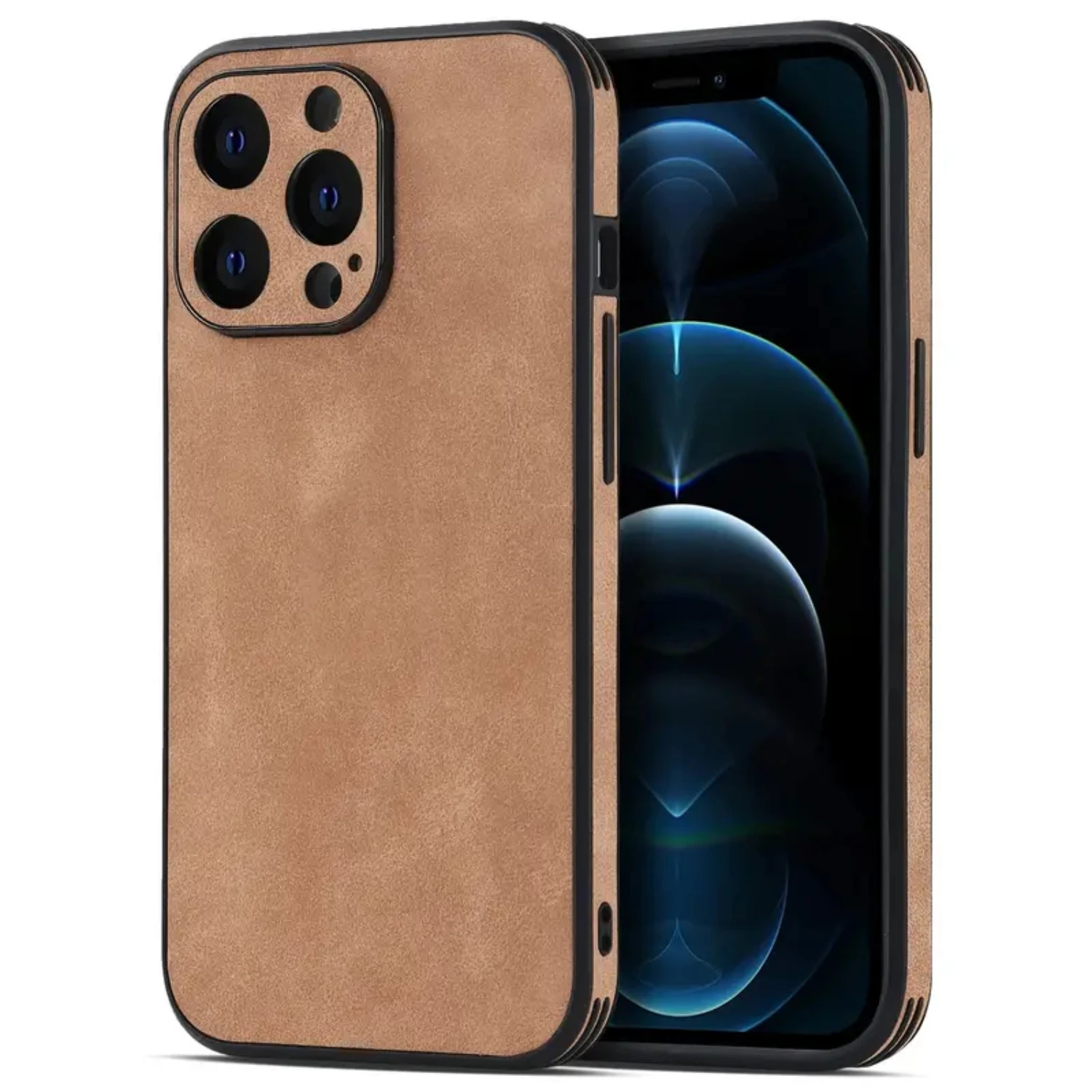 Elegant Shockproof Light Brown Genuine Leather Phone Case for iPhone 14/14Plus/14Pro/14ProMax, iPhone 13/13Mini/13Pro/13ProMax,