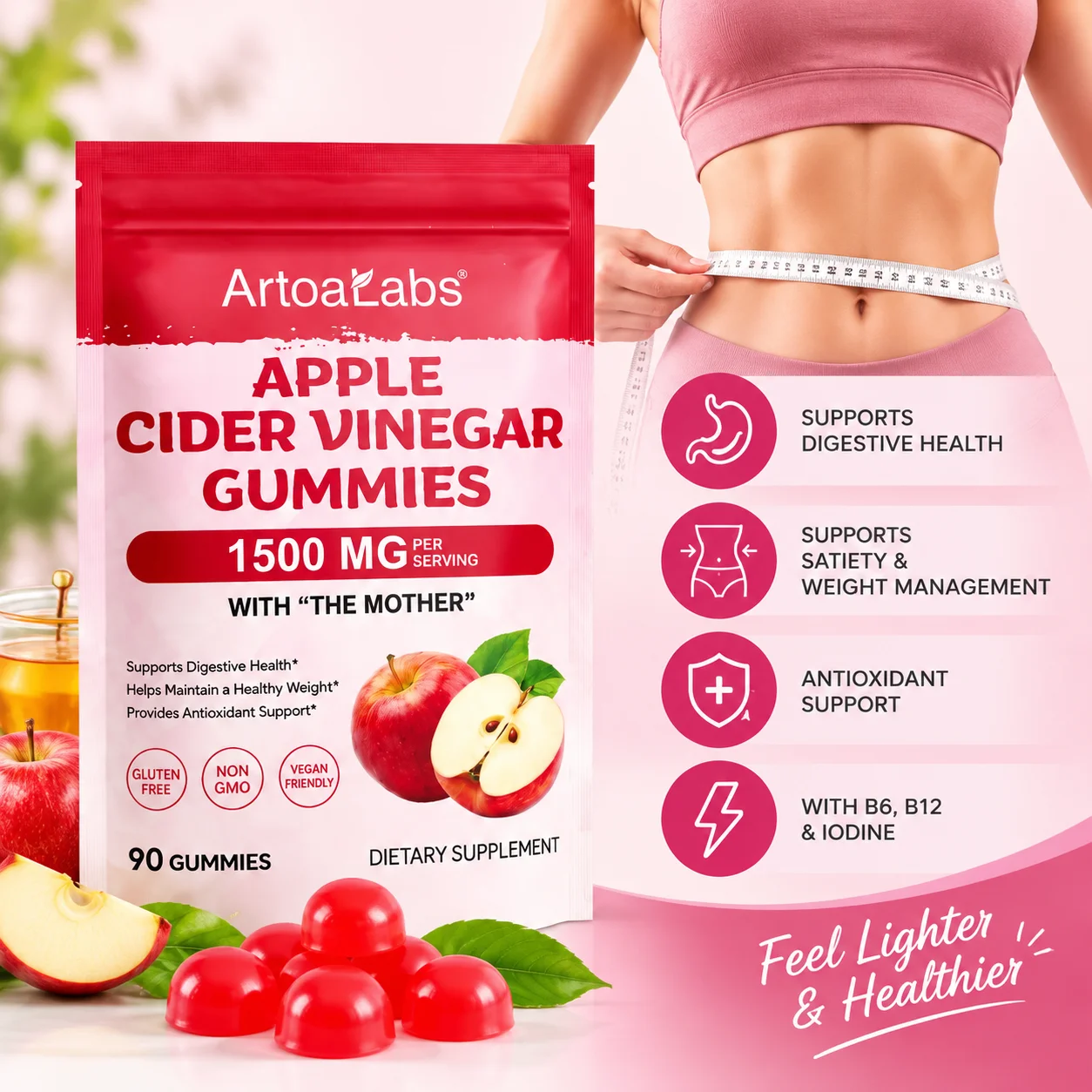 Apple Cider Vinegar Gummies,Supports Satiety & Healthy Weight Management,1500mg ACV 