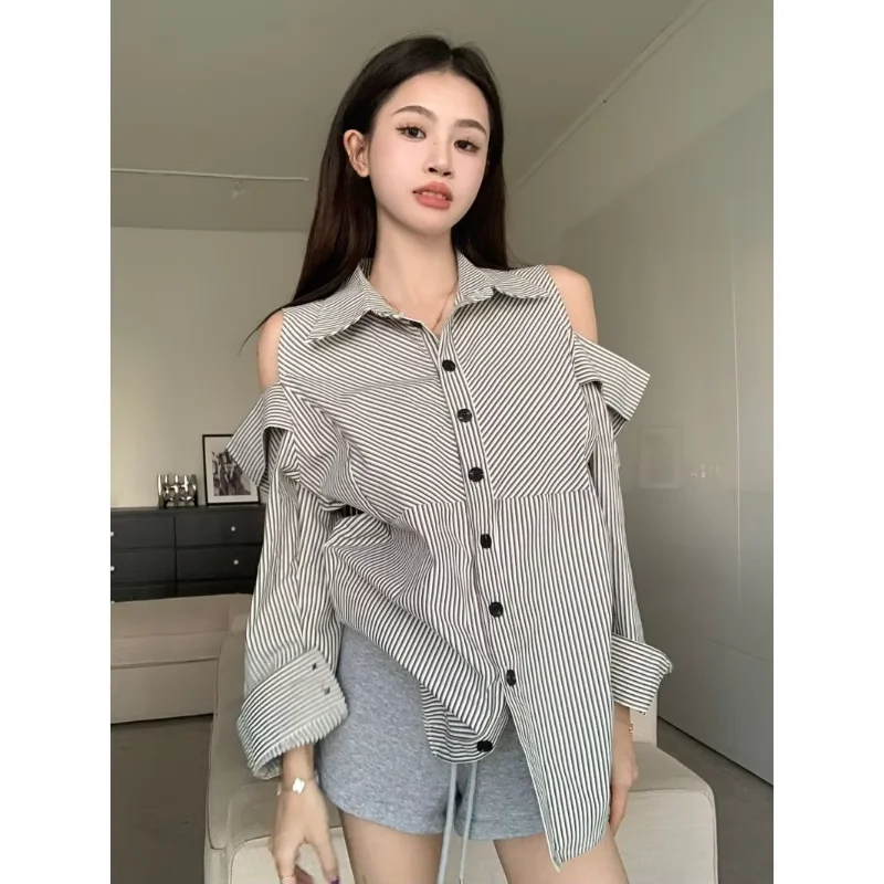 2026 Fashion Women Striped Long Sleeve Shirt Off Shoulder Unique Design Summer Fashion Top