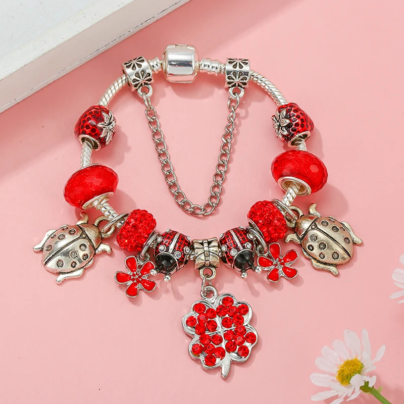 TOGORY Spring Styles Charm Bracelet With Crystal Ladybug Pendant Bracelet For Women Men Jewelry Gift Wholesale Dropshipping