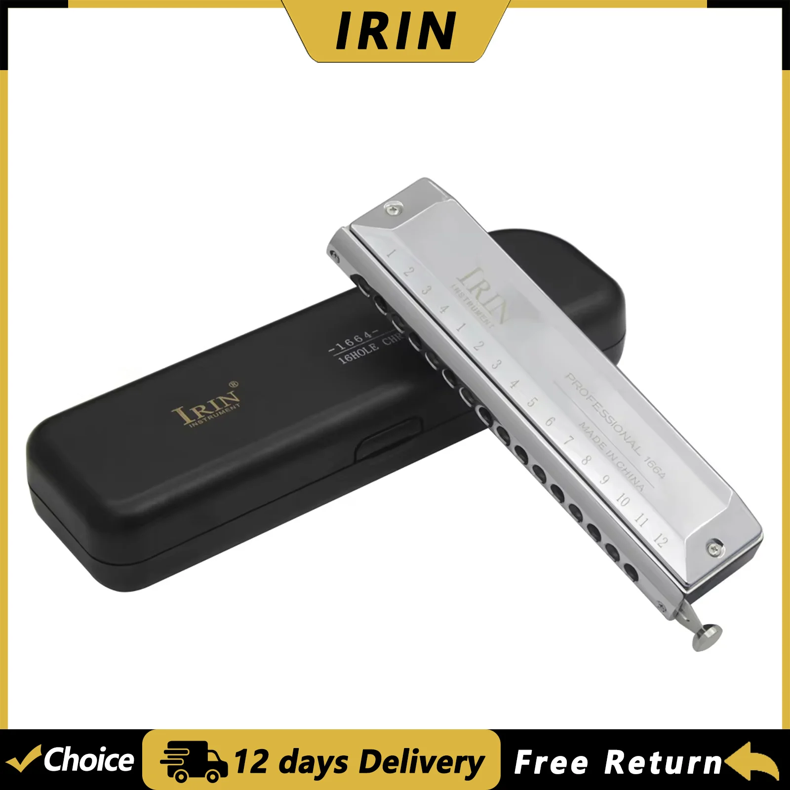IRIN Chromatic Harmonica 16 Holes 64 Tones Metal Harmonica for Beginners Music Lovers Portable Woodwind Musical Instruments