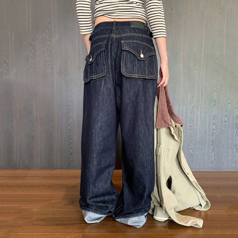 ANJY Spring Autumn New Women Baggy Jeans Belt Buckle Back Pocket Cuffed Versatile High Street Trendy Denim Wide Leg Pants A13243