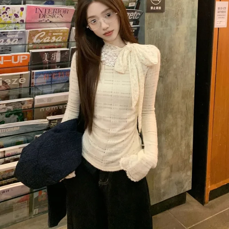 Temperament Lace Slim T Shirts Spring Autumn New Long Sleeve Bow Bandage Youth Elegant Short Tops Sexy Fashion Women Clothing