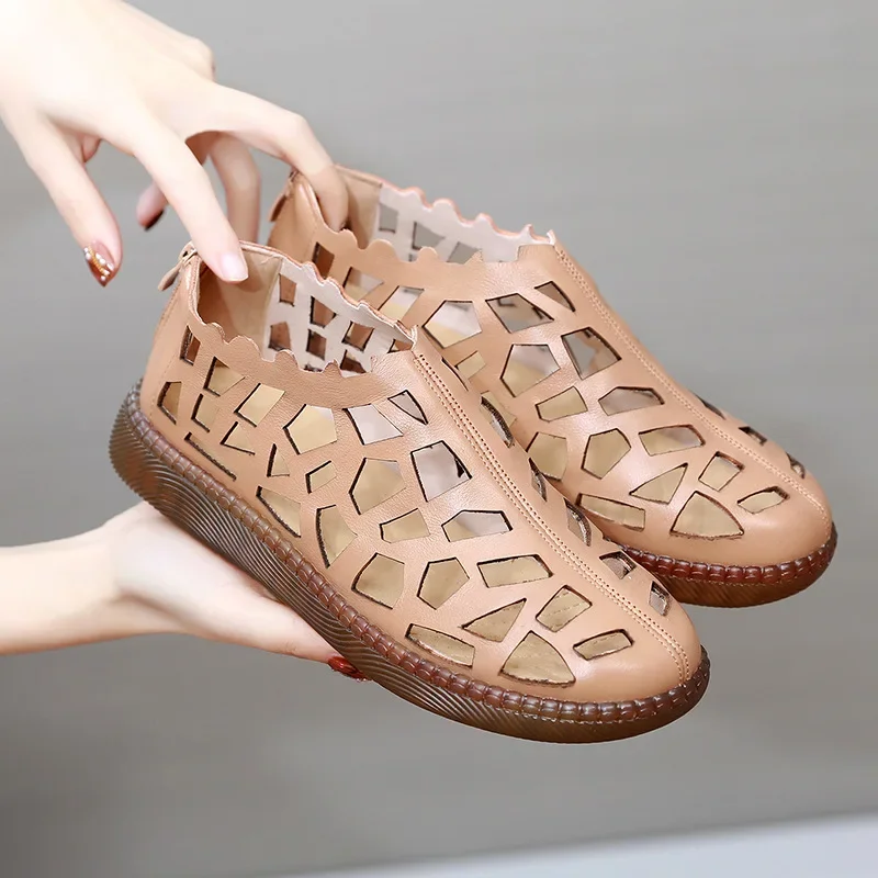 New Summer Round Toe Hollow Hole Shoes Woman Sandals Casual Sneaker Flat Soft Sole Comfortable Sandals Large Size Shoes