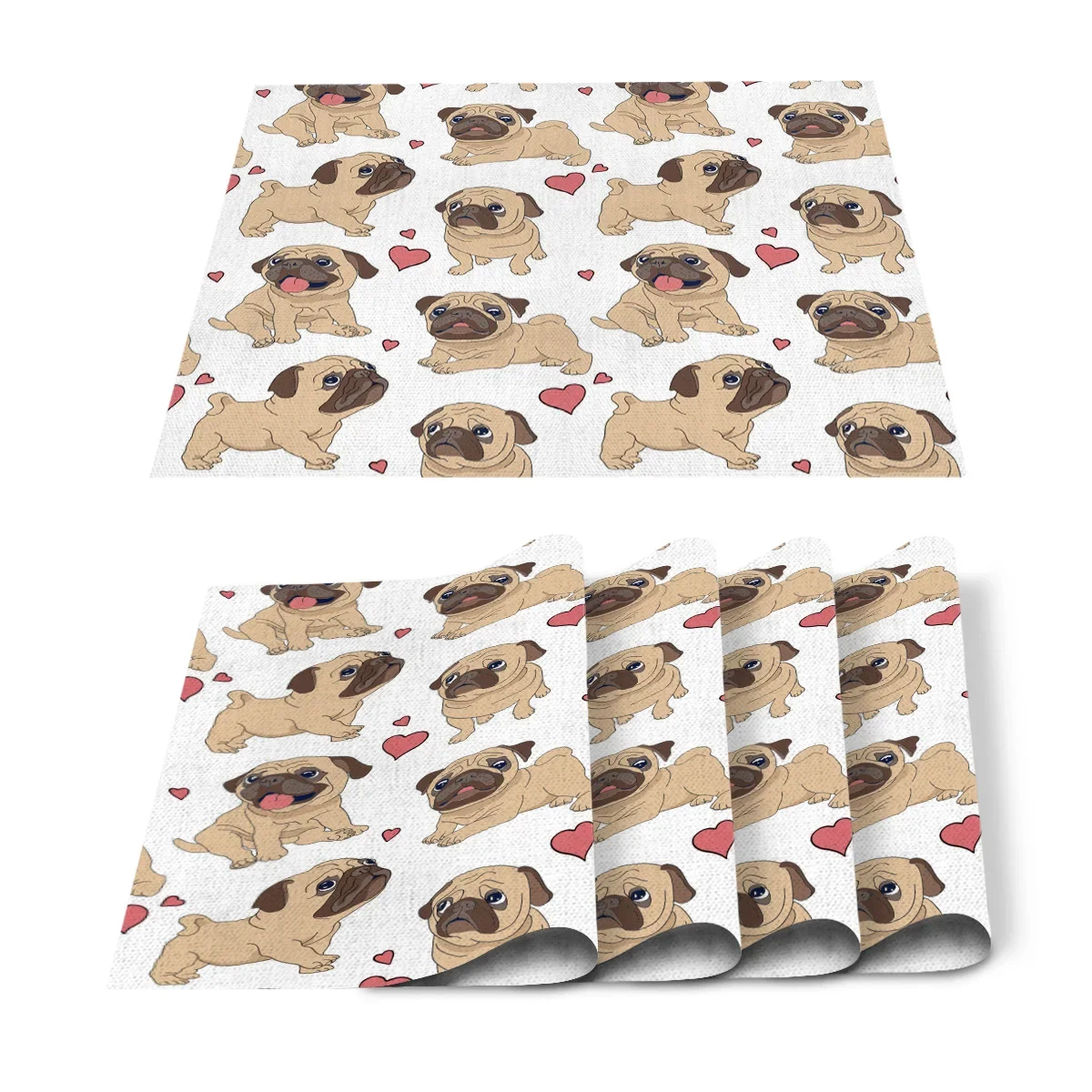 4PCS Pug Cute Heart Dog Cartoon Design Placemats Linen Dining Table Mats Coaster Bowl Coffee Cup Pad Mat Kitchen Home Decoration