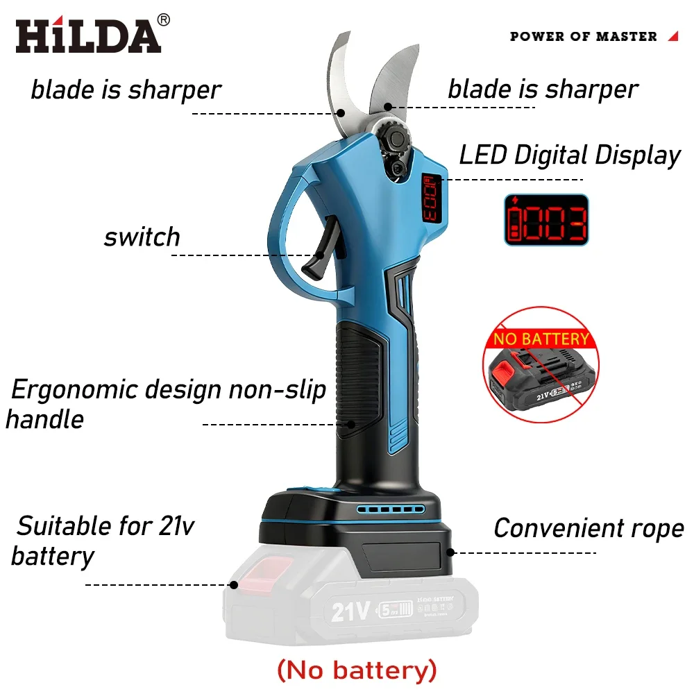 HILDA Brushless Electric Pruning Shears Garden Power Tool with LCD Display Pruner Cordless Scissors FruitTree for Makita Battery