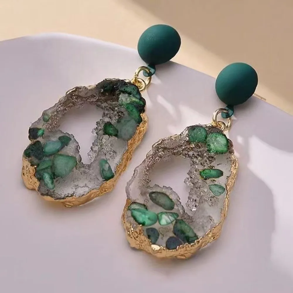 New Retro Exaggerate Liquid Metal Green Irregular Oval Hollowed-out Dangle Earrings for Women Fashion Personality Jewelry Gifts