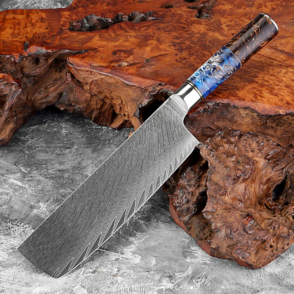 

Japanese 7 Inch Nakiri Knife, Razor Sharp 67 Layers Damascus Steel Chef Knife,Meat and Vegetable Kitchen Knife with Resin Handle