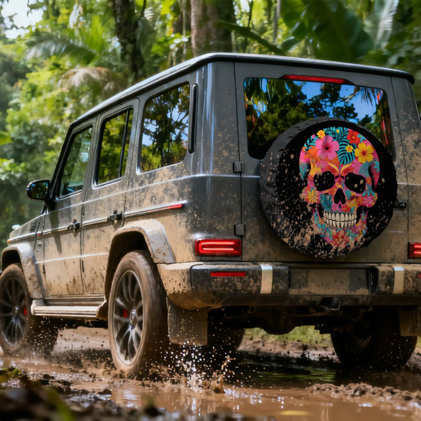 Creative Skull Flower Print Tire Cover - Polyester Fiber, 3D Floral Design With Dark Background, Durable And Lightweight, Tropic