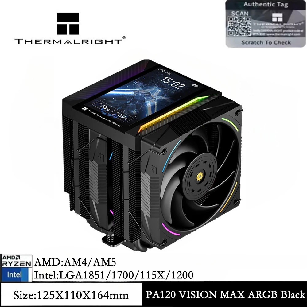

Thermalright Peerless Assassin 120 Vision MAX ARGB Black Воздушный кулер для процессора, двухбашенная конструкция/5-дюймовый дисплей/6 тепловых трубок, совместим с разъемами LGA1851/1700/AM4/AM5.