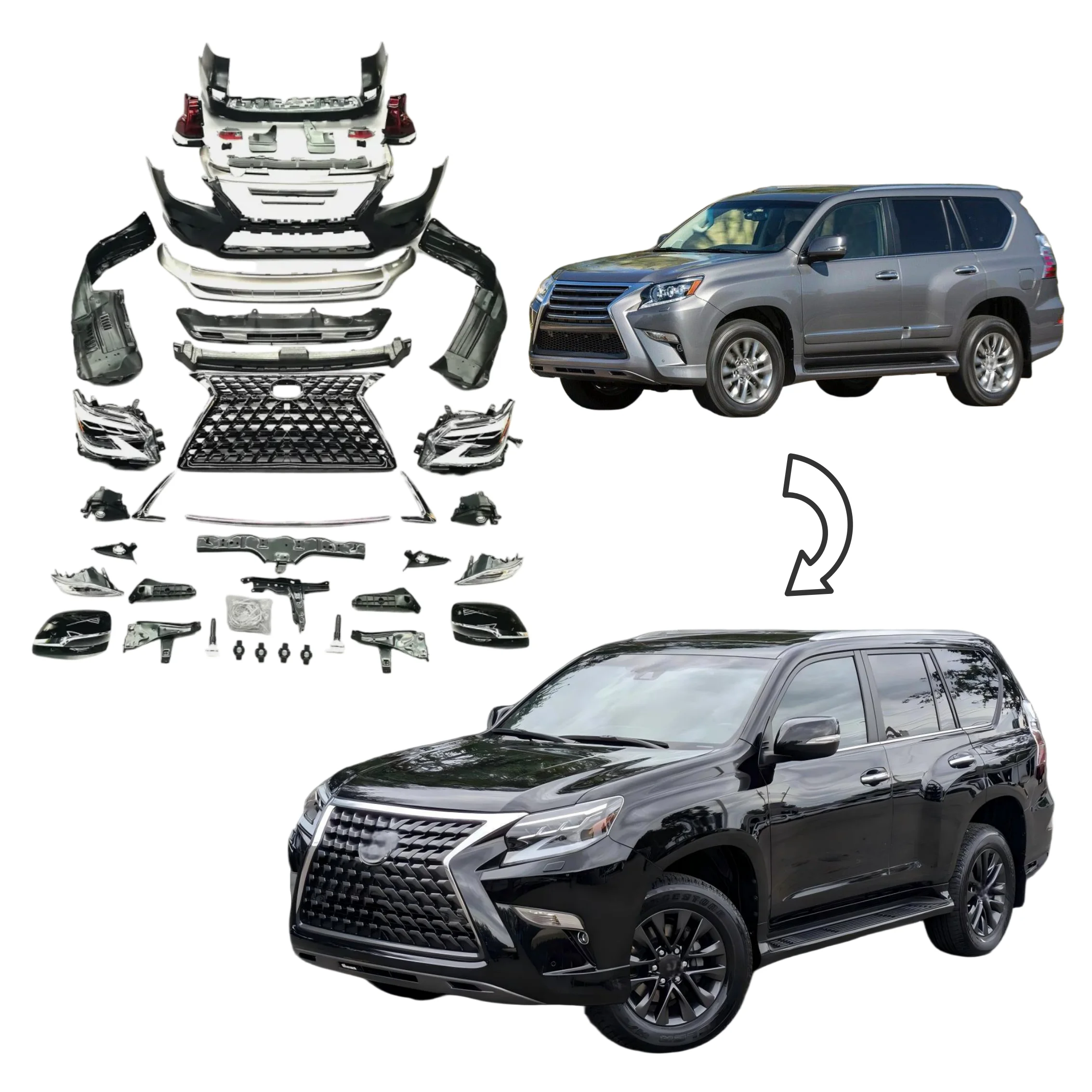 

Bodyki для GX460 2010-2014, обновление до 2022, новый стиль, передний бампер, светодиодные фары, решетка Plug and Play, простая установка