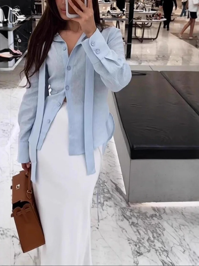 

Новая женская легкая рубашка с длинным рукавом, с поясом, во французском стиле, свободного кроя, из полиэстера, однотонная, для зимнего сезона