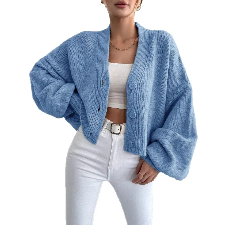 Knitted Cardigan For Women 2025 Autumn And Winter New Solid Color Casual Loose Lantern Sleeve Knitted Sweater Long Sleeve Simple