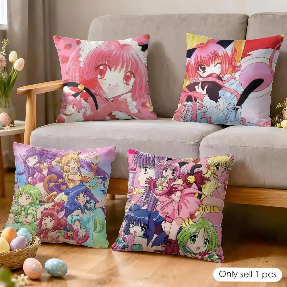 Anime T-Tokyo Mew Mew Cushion Cover Wrinkle-Resistant Short Plush Pillow Case Breathable Machine-Washable