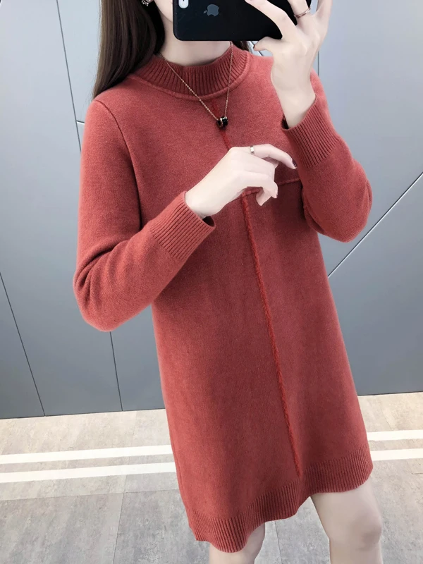 Women's Fleece Lined Thickened Mid-Length Knitted Sweater Half High Collar Warm Base Layer Shirt Inner Wear Winter Commute Style