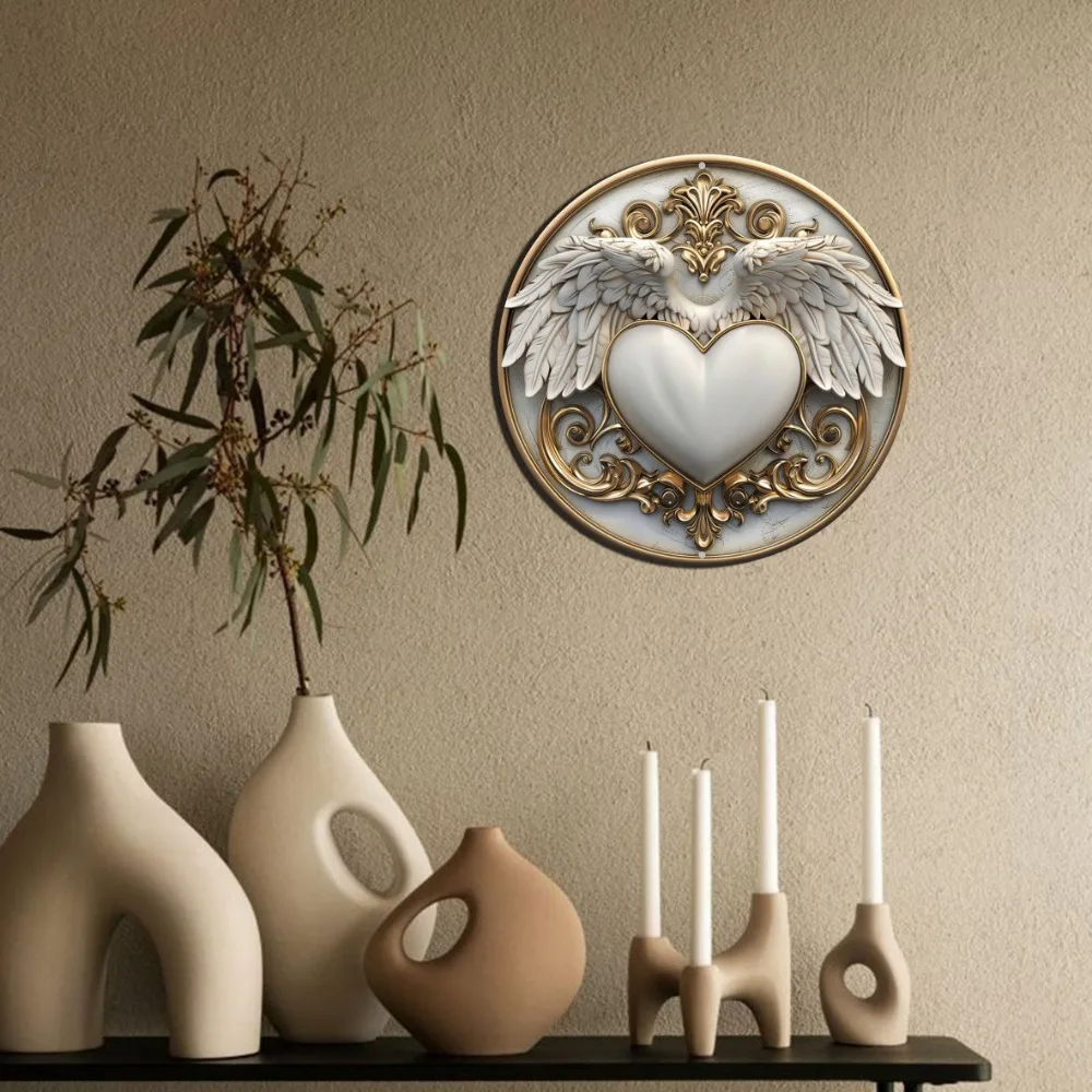 Charming Round Aluminum Sign with Heart and Feather Design, Perfect for Home Office Decor, Wall Art, Ideal for Thanksgiving Gift