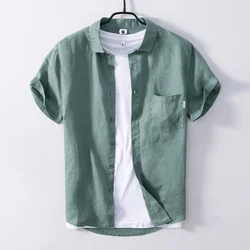 Camisa de linho de manga curta masculina, tops casuais masculinos, gola virada para baixo, cor sólida, decoração de bolso, verão, novo, 100% linho puro