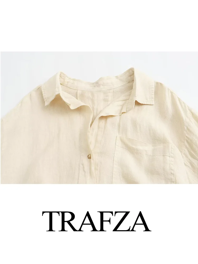 TRAFZA Summer Women Retro Casual Suit Solid Color Linen Single Breasted V-neck Shirt +Pocket Design High Waist Tie Loose Shorts