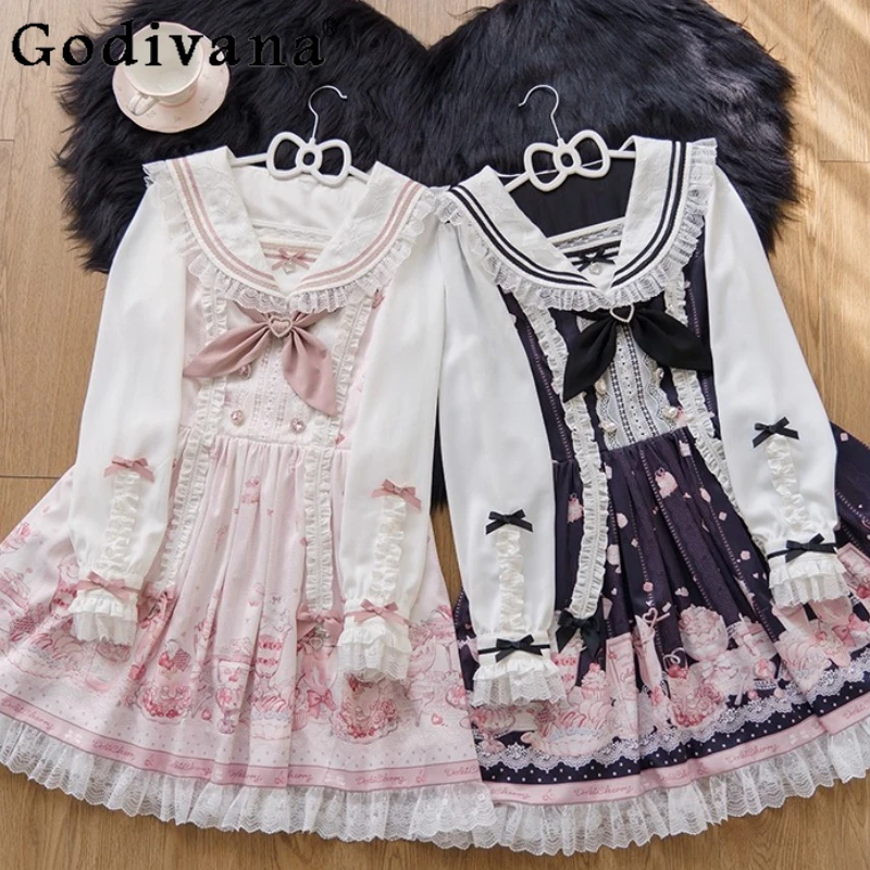 

Оригинальное японское платье с длинными рукавами в стиле Лолиты, осеннее платье для девочек с милым принтом, милое платье принцессы для чаепития, вязаный кардиган