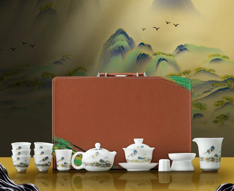 Ice Jade Porcelain Vegetarian Tea Set Cover Bowl Suet Jade High-end Ceremonial Porcelain Thousand Miles Jiangshan Tea Set