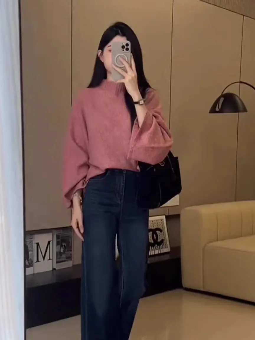 ピンクのゆったりとしたハイネックニットウェア、秋冬用、バットウィングスリーブ、カジュアルなロングスリーブトップ、女性用、ゆったりとした小さめサイズ