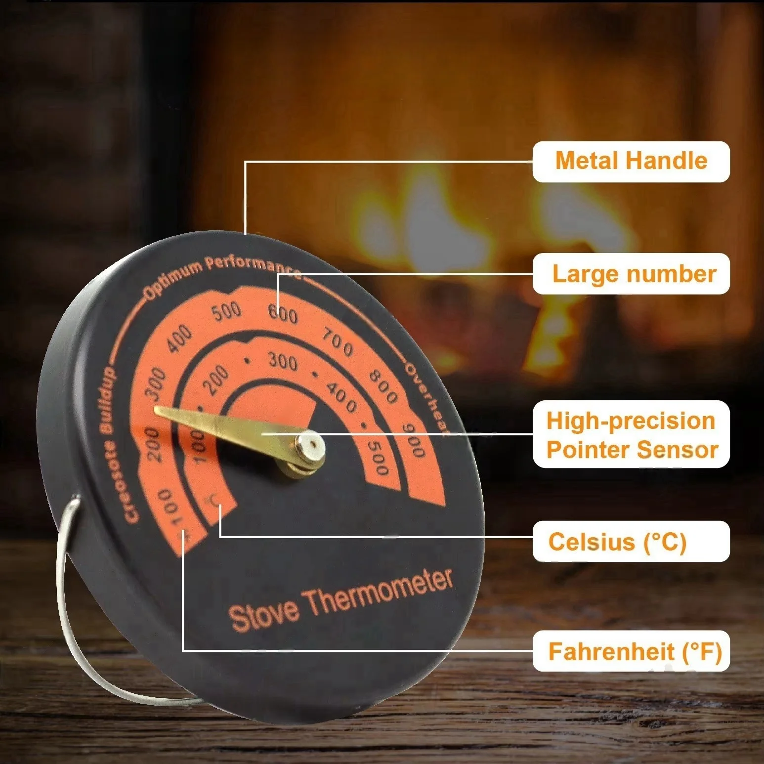 Fireplace Thermomete Magnetic Stove Pipe Thermometer Fire Flue Meter For Wood Burning Stoves, Gas Stoves, Pellet Stove