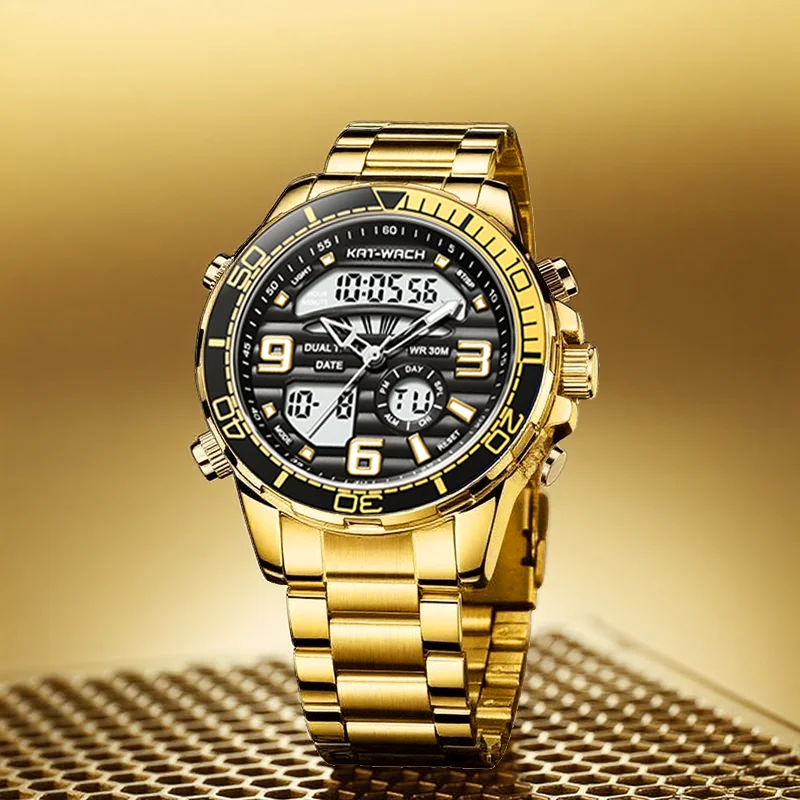 

Мужские золотые, черные спортивные часы, лучший бренд класса люкс, цифровые модные часы с двойным дисплеем, высококачественный ремешок из нержавеющей стали, светящийся
