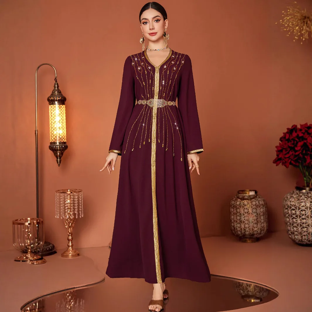 Women Burgundy Solid Color Diamond Elegant V-neck Long Sleeve Ankle Length Trendy Abaya Dresses Muslim Fashion Clothes Jalabiya