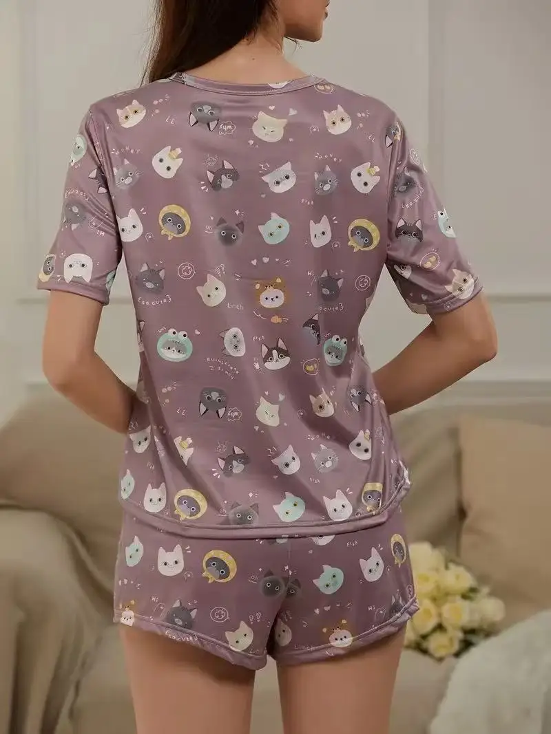 Women's Spring and Summer Casual Owl Head Print Short-Sleeved Top + Shorts Set, Suitable for Daily Wear and Home Wear