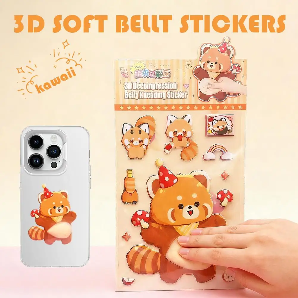 Kids Cute Cartoon Squishy Belly Stickers 3D Puffy Animal Rabbit Panda Stickers Sensory Fidget Toys Stress Relief Adhesive Decals