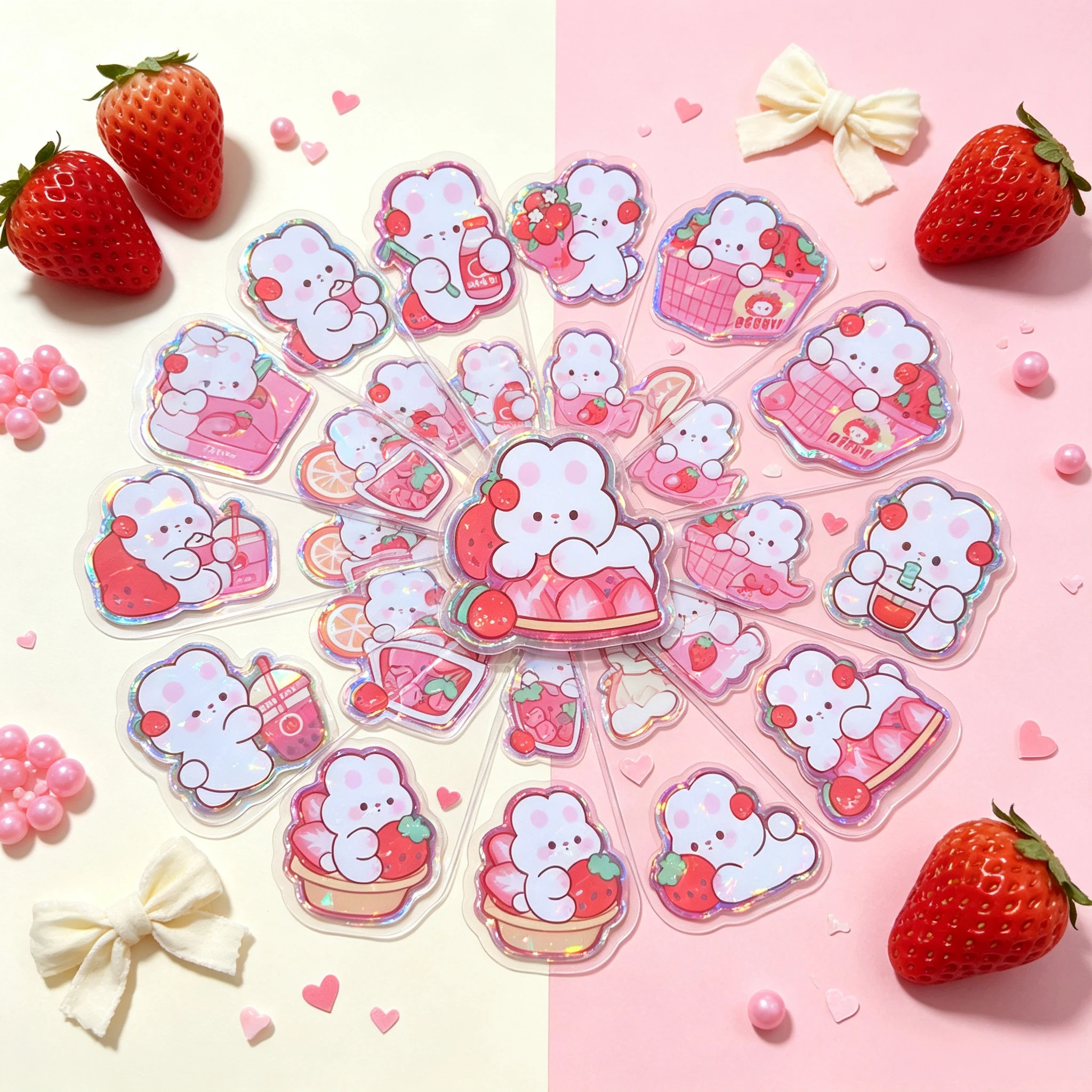 15Pcs Kawaii Strawberry Rabbit Epoxy Stickers, Waterproof Glitter Dome Decals, Cute Bunny Decor Stickers for Guka Journal