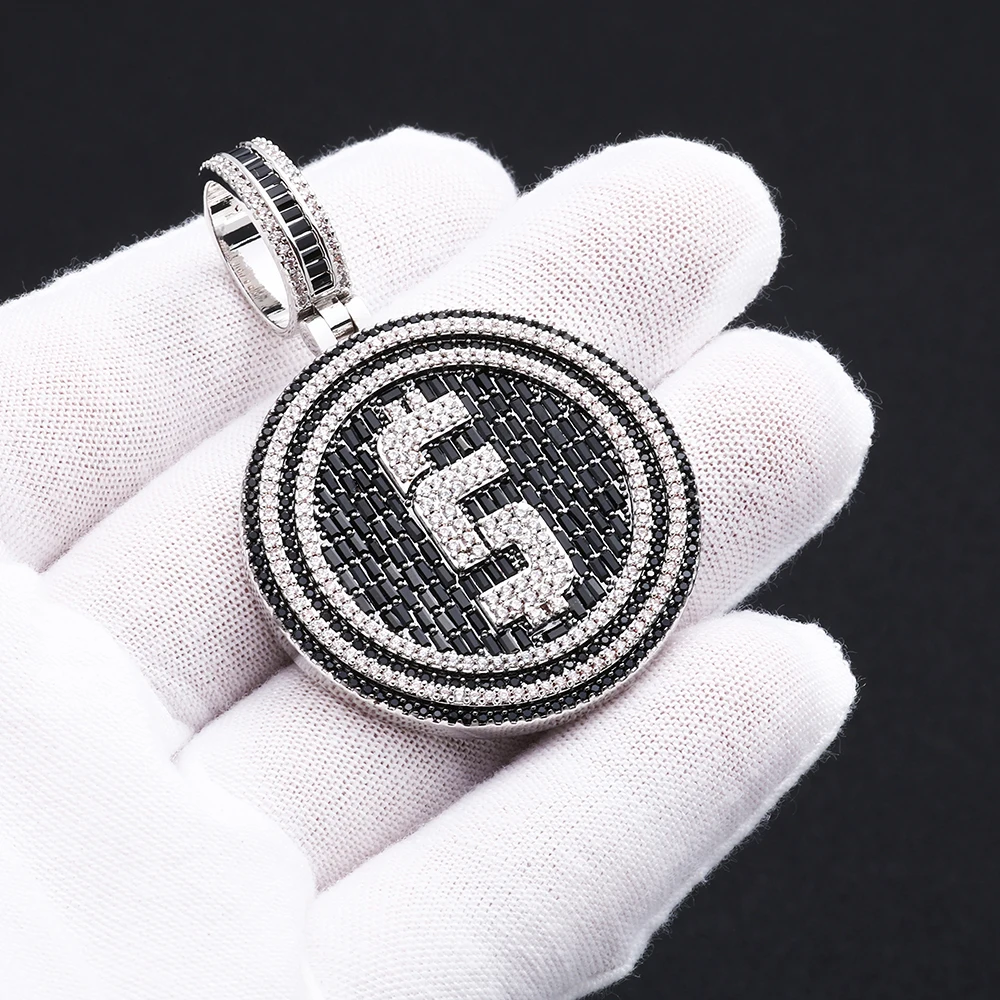 Custom Rotatable Dollar Medallion Pendant Full Pave Black White CZ Hip Hop Jewelry Personalized Mens Chain Necklace