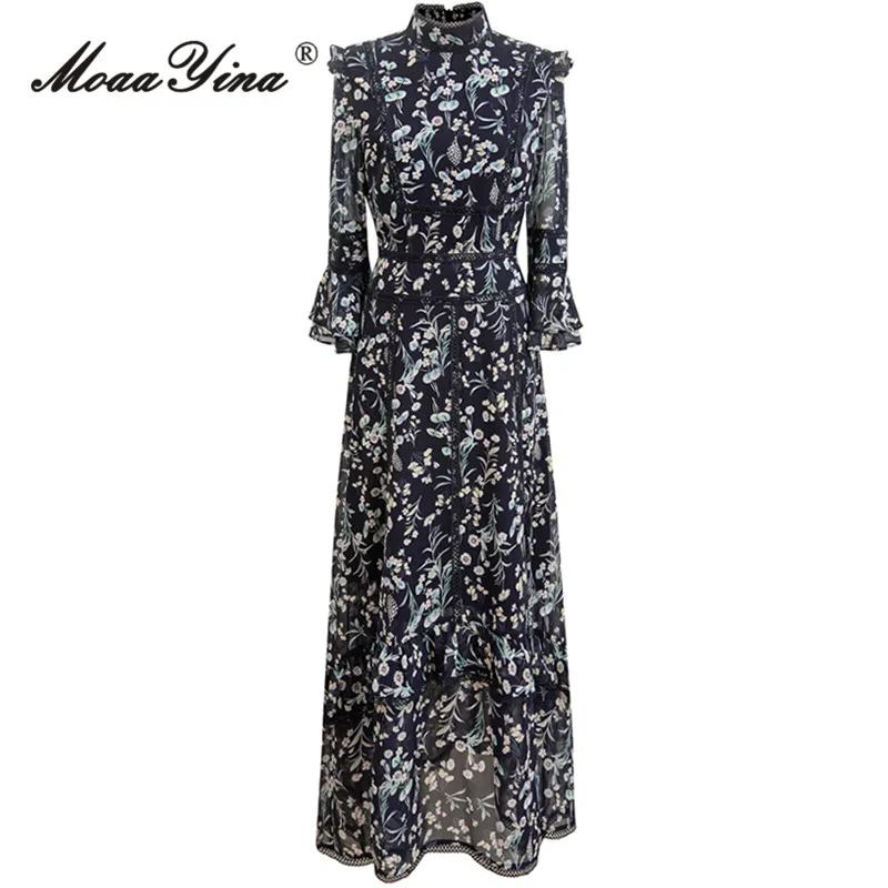 

MoaaYina Spring Fashion Designer Vintage Floral Print Dress Women Stand Collar High Waist Ruffles Lace Spliced Slim Long Dress